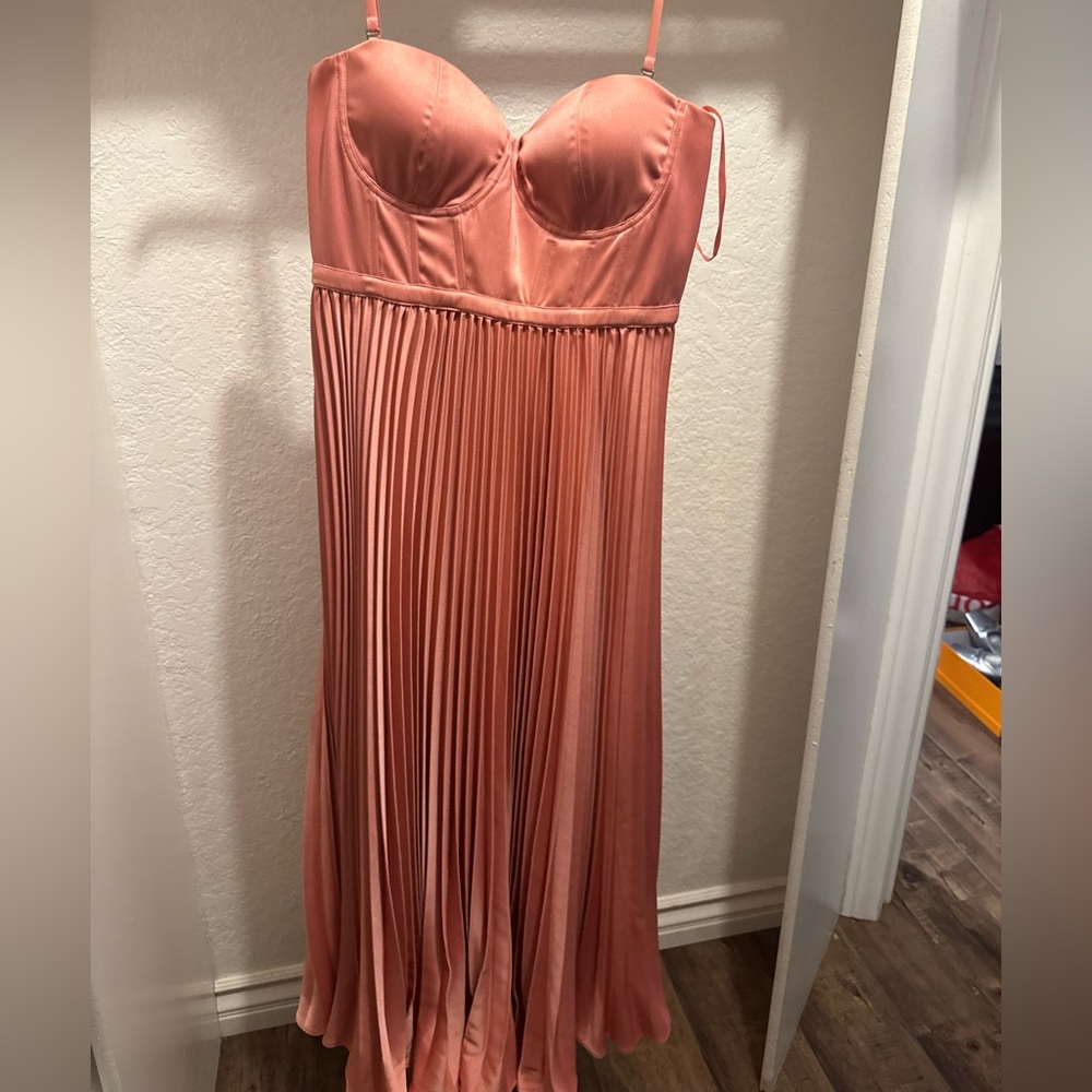 Pleated Satin Bustier Midi Dress in Coral Pink